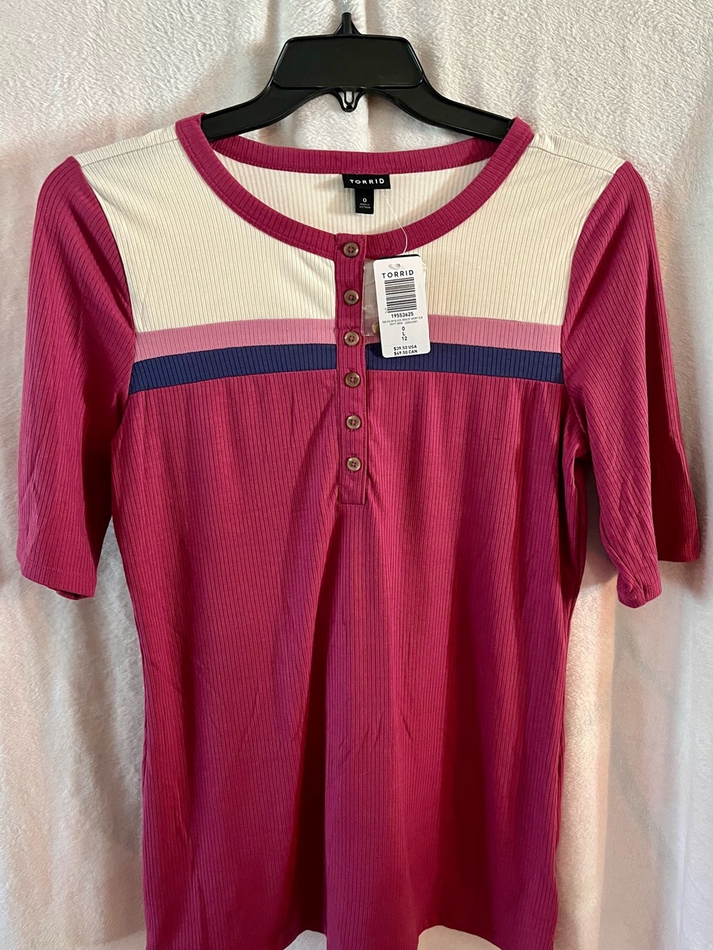 torrid cream pink and navy colorblock ribbed henley